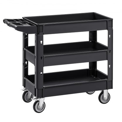 Utility Service Cart, 550 LBS Laod Capacity, 3 Shelf Heavy Duty Plastic Rolling Utility Cart with 360° Swivel Wheels (2 with Brakes), Ergonomic Storage Handle for Warehouse/Garage/Cleaning