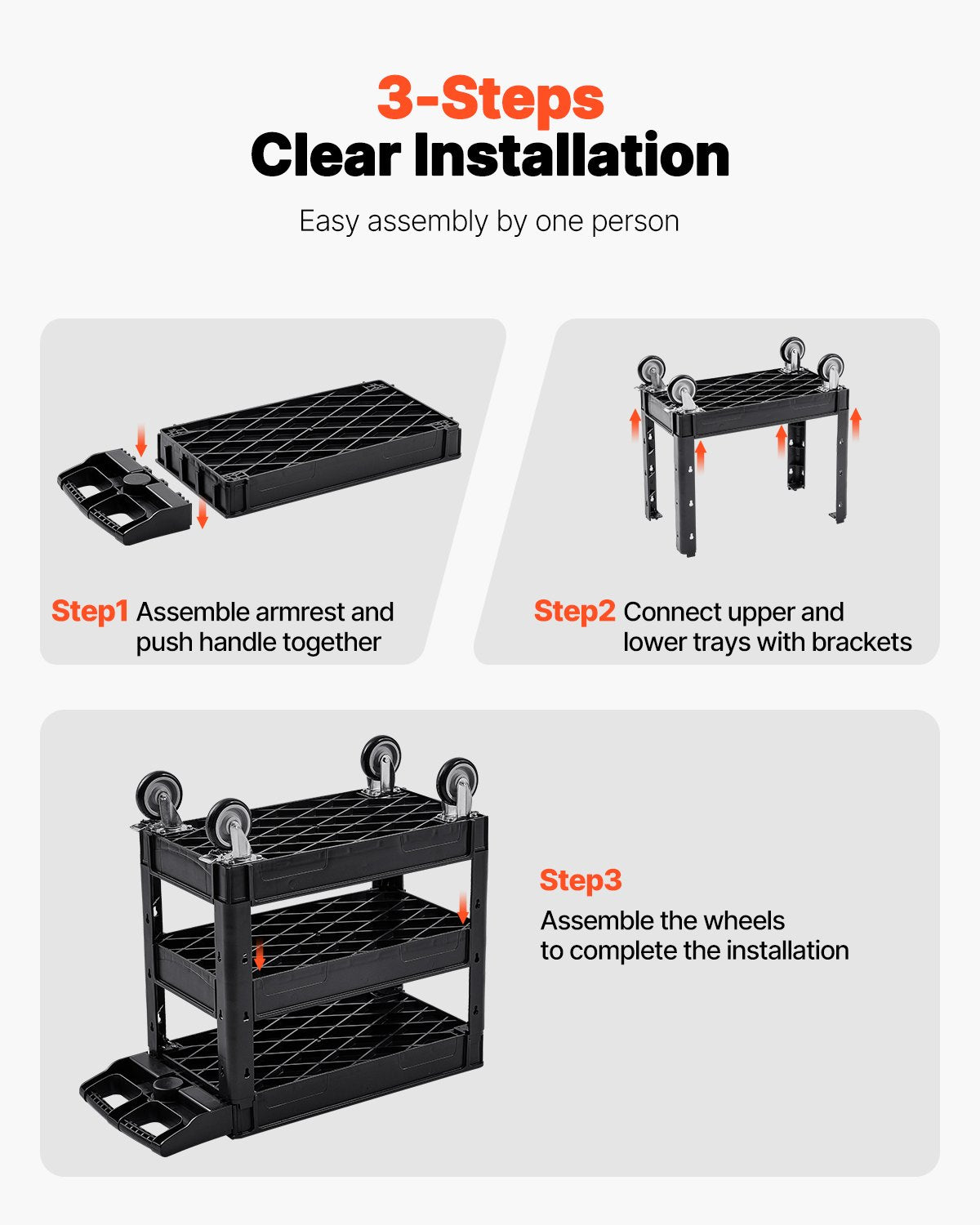 Utility Service Cart, 550 LBS Laod Capacity, 3 Shelf Heavy Duty Plastic Rolling Utility Cart with 360° Swivel Wheels (2 with Brakes), Ergonomic Storage Handle for Warehouse/Garage/Cleaning
