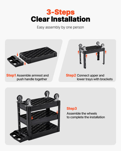Utility Service Cart, 550 LBS Laod Capacity, 3 Shelf Heavy Duty Plastic Rolling Utility Cart with 360° Swivel Wheels (2 with Brakes), Ergonomic Storage Handle for Warehouse/Garage/Cleaning