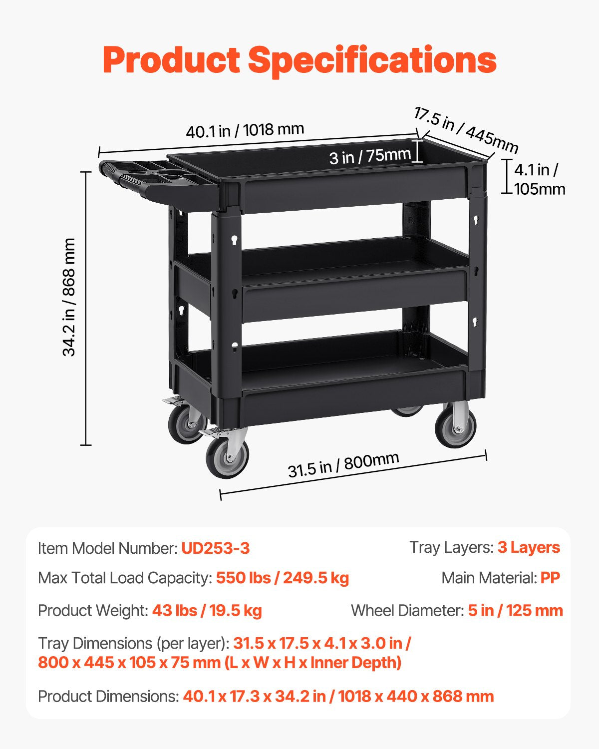 Utility Service Cart, 550 LBS Laod Capacity, 3 Shelf Heavy Duty Plastic Rolling Utility Cart with 360° Swivel Wheels (2 with Brakes), Ergonomic Storage Handle for Warehouse/Garage/Cleaning