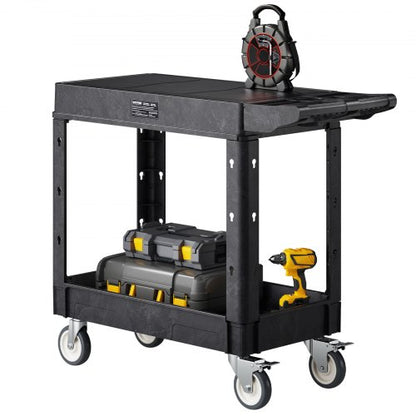 Utility Cart, 550 lbs Load Capacity, 31.3 x 17.7-inch Service Cart, Two-Shelf Heavy Duty Plastic Utility Cart with 360° Swivel Wheels (2 with Brakes), Suitable for Warehouse, Garage, Cleaning
