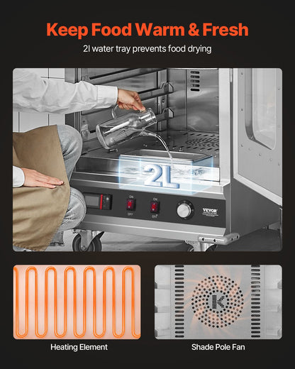 Hot Box Food Warmer, 16-Tier Large Concession Warmer with Water Tray, Glass Single-door and Adjustable Shelves, Stainless Steel Food Warmer Cabinet, Ideal for Storing Pizza, Chicken, Restaurant