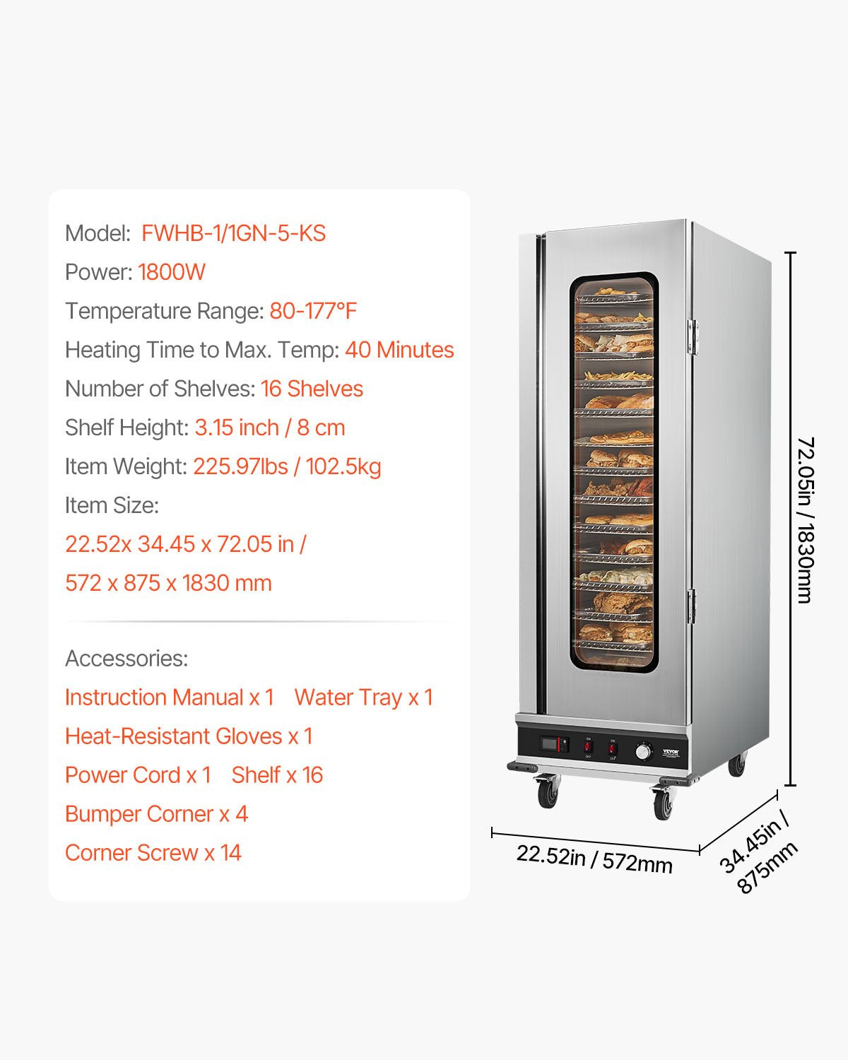 Hot Box Food Warmer, 16-Tier Large Concession Warmer with Water Tray, Glass Single-door and Adjustable Shelves, Stainless Steel Food Warmer Cabinet, Ideal for Storing Pizza, Chicken, Restaurant