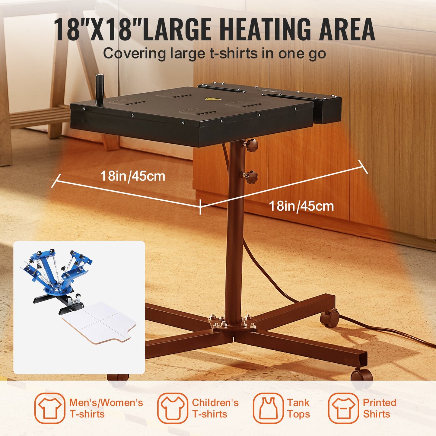 Flash Dryer, 18 x 18 inch Flash Dryer for Screen Printing, High Power Silk Screen Printing Dryer with Height Adjustable Stand, 360° Rotation, X-Shaped Base, Steel T-Shirt Curing Machine