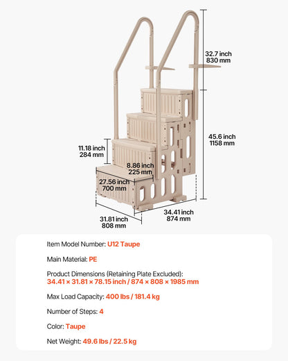 Poolstege, 4-stegs dubbla ledstänger med halkfria, kraftiga steg, max lastkapacitet 180 kg, för 122-142 cm nedgrävda och ovanmarkspooler av alla typer av däckytor, taupe