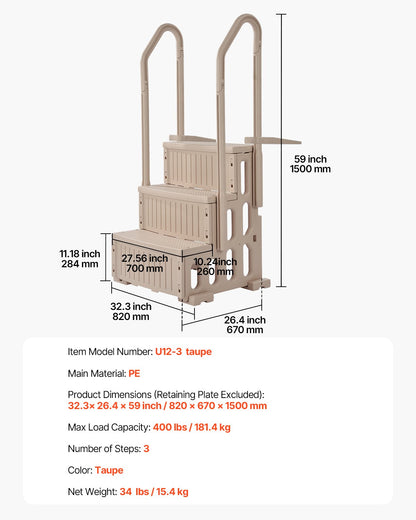 Poolstege, 3-stegs dubbla ledstänger med halkfria, kraftiga steg, max lastkapacitet 180 kg, för 90-122 cm nedgrävda och ovanmarkspooler på alla typer av däckytor, taupe