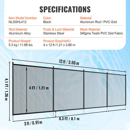 Pool Fence, 1.2 x 3.7 m Pool Fences for Inground Pools, Removable Child Safety Pool Fencing, Easy DIY Installation Swimming Pool Fence, 340gms Teslin PVC Pool Fence Mesh Protects Kids and Pets
