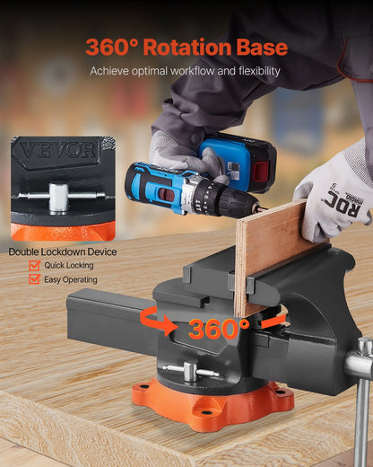 Bench Vise, 203 mm(8") Jaw Width, 203 mm(8") Max Jaw Opening Multipurpose Vise with 360°Swivel Locking Base, 94 mm(3.7") Throat Depth, Heavy Duty Ductile Iron Workbench Vise, Two-Way Jaws for Clamping Round Pipes