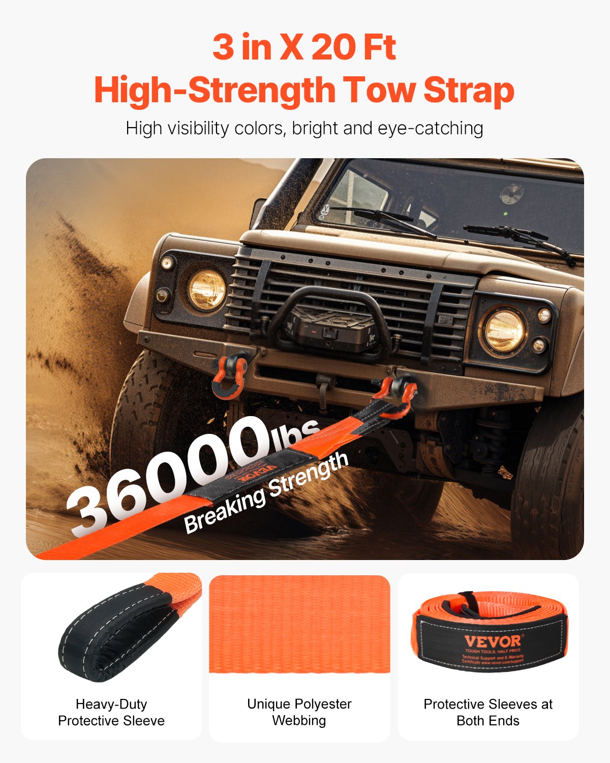 Heavy Duty Tow Strap Recovery Kit 76.2 mm x 6.1 m (MBS-16329 kg) Tree Saver Winch Strap, Triple Reinforced Loop & Protective Sleeves & Storage Bag, 19 mm D-Ring Shackles, for Truck Jeep SUV ATV