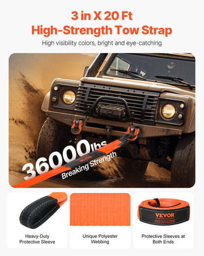 Heavy Duty Tow Strap Recovery Kit 76.2 mm x 6.1 m (MBS-16329 kg) Tree Saver Winch Strap, Triple Reinforced Loop & Protective Sleeves & Storage Bag, 19 mm D-Ring Shackles, for Truck Jeep SUV ATV