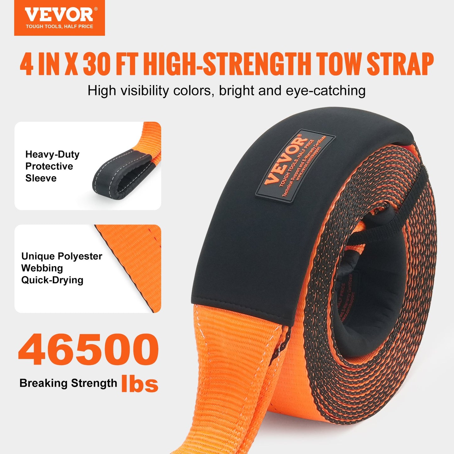 Recovery Tow Strap 4" x 30'/10.2 cm x 9.1 m, 46,500 lbs/21,099 kg Break Strength, Triple Reinforced Loop Straps, Tree Saver, Off Road Towing and Recovery, Extreme Weather Resistance, Protective Sleeves & Storage Bag