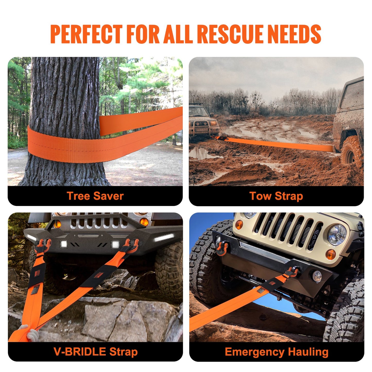 Recovery Tow Strap 4" x 30'/10.2 cm x 9.1 m, 46,500 lbs/21,099 kg Break Strength, Triple Reinforced Loop Straps, Tree Saver, Off Road Towing and Recovery, Extreme Weather Resistance, Protective Sleeves & Storage Bag