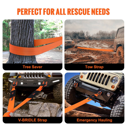 Recovery Tow Strap 4" x 30'/10.2 cm x 9.1 m, 46,500 lbs/21,099 kg Break Strength, Triple Reinforced Loop Straps, Tree Saver, Off Road Towing and Recovery, Extreme Weather Resistance, Protective Sleeves & Storage Bag