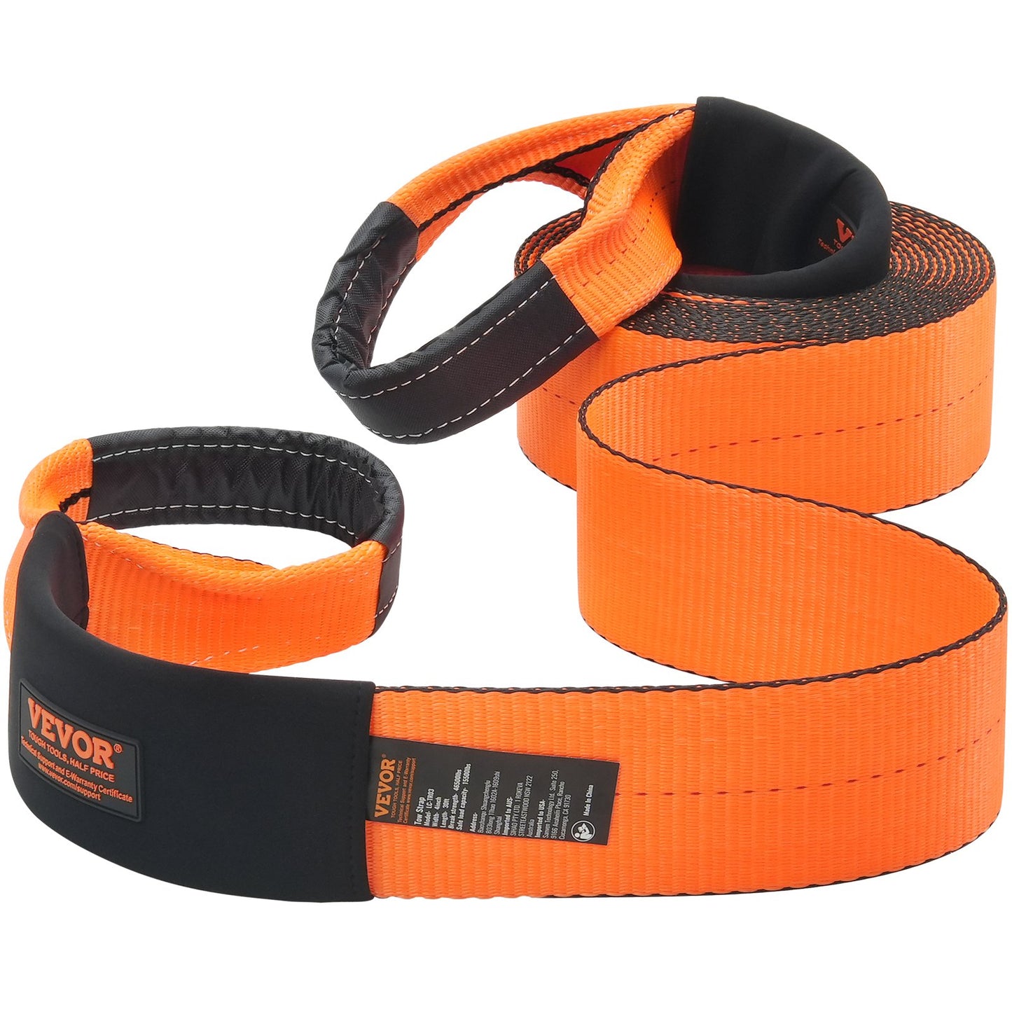Recovery Tow Strap 4" x 30'/10.2 cm x 9.1 m, 46,500 lbs/21,099 kg Break Strength, Triple Reinforced Loop Straps, Tree Saver, Off Road Towing and Recovery, Extreme Weather Resistance, Protective Sleeves & Storage Bag