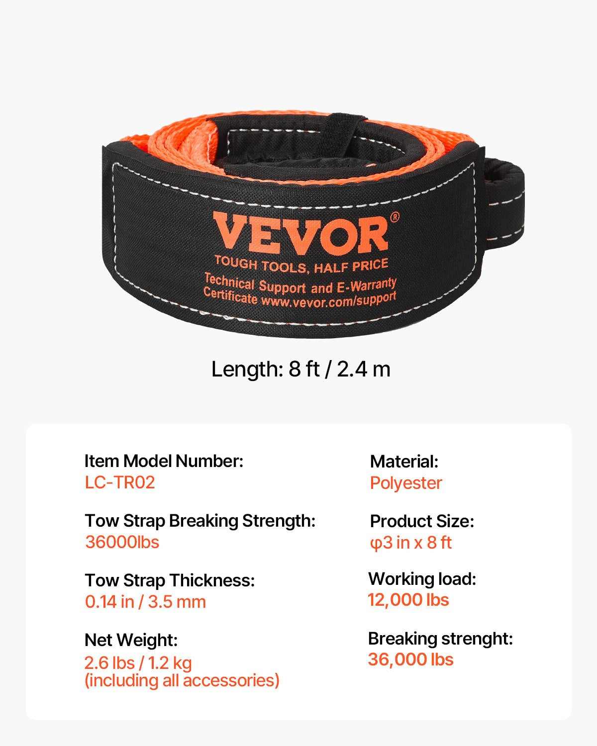 Recovery Tow Strap 76.2 mm, 2.4 m 16329 kg Break Strength, Triple Reinforced Loop Straps, Tree Saver, Winch Line Extension Strap, Off Road Towing and Recovery, Extreme Weather Resistance