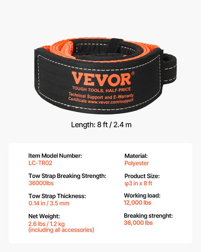 Recovery Tow Strap 76.2 mm, 2.4 m 16329 kg Break Strength, Triple Reinforced Loop Straps, Tree Saver, Winch Line Extension Strap, Off Road Towing and Recovery, Extreme Weather Resistance