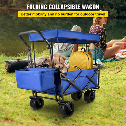 Collapsible Wagon with Canopy, 220lbs Foldable Wagon, Beach Wagon Cart with Big Wheels and Canopy with Adjustable Push Pulling Handles