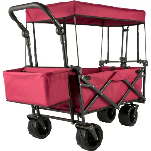 Collapsible Wagon with Removable Canopy, 220lbs Heavy Duty Foldable Beach Wagon with Big Wheels, Folding Outdoor Utility Wagon Garden Cart with Adjustable Push Pulling Handles