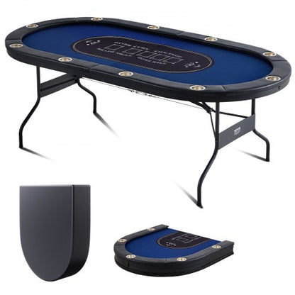 Hopfällbart pokerbord för 10 spelare, Blackjack Texas Holdem pokerbord med vadderade skenor och mugghållare i rostfritt stål, bärbart hopfällbart kortspelsbord, 84" ovalt kasinobord för fritid