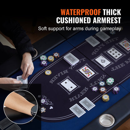 Hopfällbart pokerbord för 10 spelare, Blackjack Texas Holdem pokerbord med vadderade skenor och mugghållare i rostfritt stål, bärbart hopfällbart kortspelsbord, 84" ovalt kasinobord för fritid
