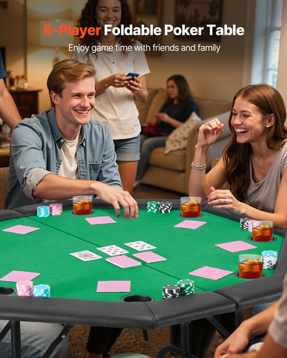 Foldable Poker Table, 8 Player 1220 mm Folding Casino Leisure Table with Padded Rails & Cup Holders, Octagonal Portable Game Tables with Felt & Metal Legs, for Texas Hold'em Game and Blackjack