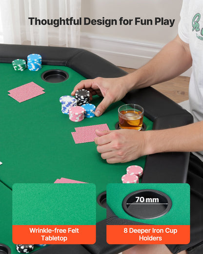 Foldable Poker Table, 8 Player 1220 mm Folding Casino Leisure Table with Padded Rails & Cup Holders, Octagonal Portable Game Tables with Felt & Metal Legs, for Texas Hold'em Game and Blackjack