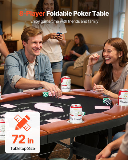 Foldable Poker Table, 8 Player 1828.8 mm Folding Casino Leisure Table with Padded Rails & Cup Holders, Oval Portable Game Tables with Felt & Metal Legs, for Texas Hold'em Game and Blackjack