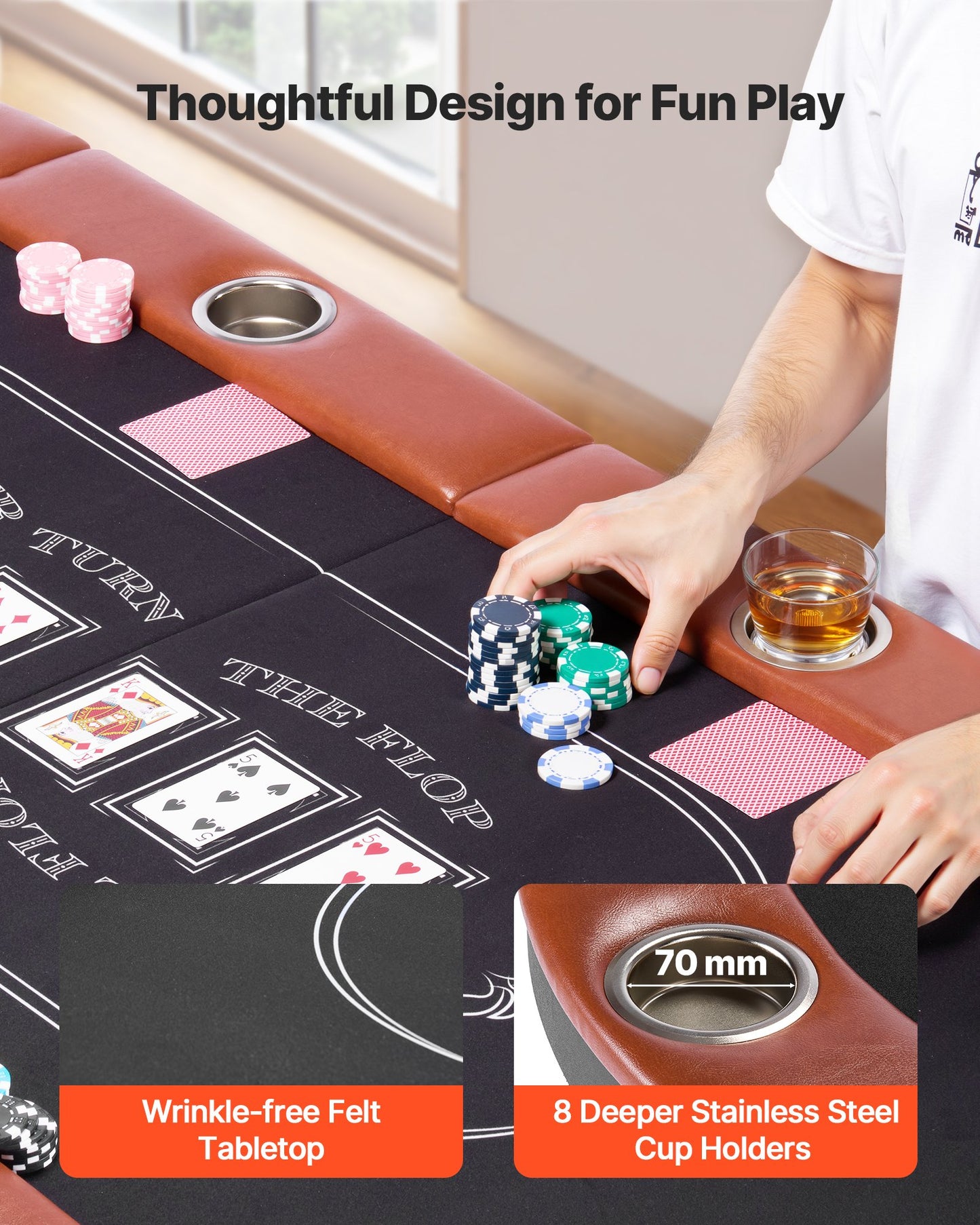 Foldable Poker Table, 8 Player 1828.8 mm Folding Casino Leisure Table with Padded Rails & Cup Holders, Oval Portable Game Tables with Felt & Metal Legs, for Texas Hold'em Game and Blackjack