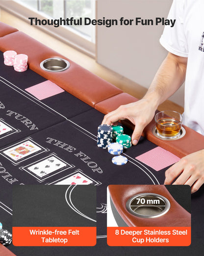 Foldable Poker Table, 8 Player 1828.8 mm Folding Casino Leisure Table with Padded Rails & Cup Holders, Oval Portable Game Tables with Felt & Metal Legs, for Texas Hold'em Game and Blackjack