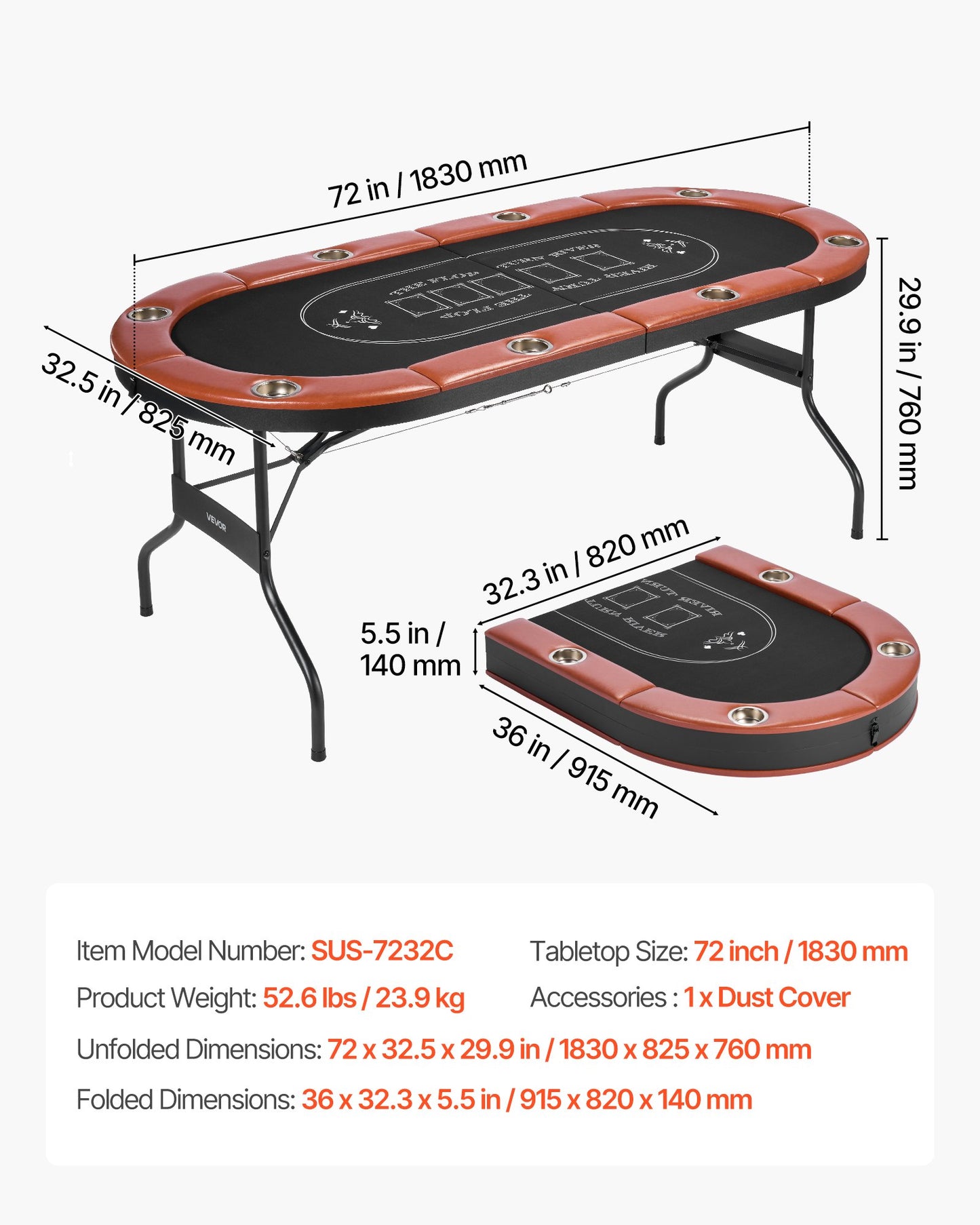 Foldable Poker Table, 8 Player 1828.8 mm Folding Casino Leisure Table with Padded Rails & Cup Holders, Oval Portable Game Tables with Felt & Metal Legs, for Texas Hold'em Game and Blackjack