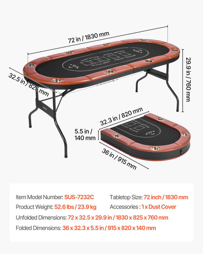 Foldable Poker Table, 8 Player 1828.8 mm Folding Casino Leisure Table with Padded Rails & Cup Holders, Oval Portable Game Tables with Felt & Metal Legs, for Texas Hold'em Game and Blackjack