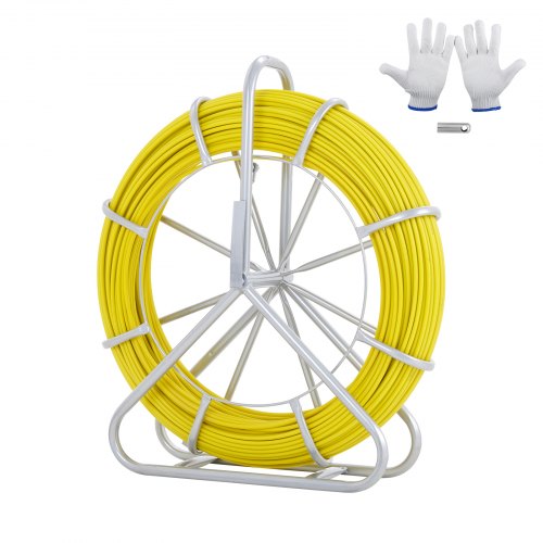 Fish Tape Fiberglass, 200 m, 6.35 mm, Duct Rodder Fishtape Wire Puller, Cable Running Rod with Steel Reel Stand, 3 Pulling Heads, Fishing Tools for Walls and Electrical Conduit, Non-Conductive