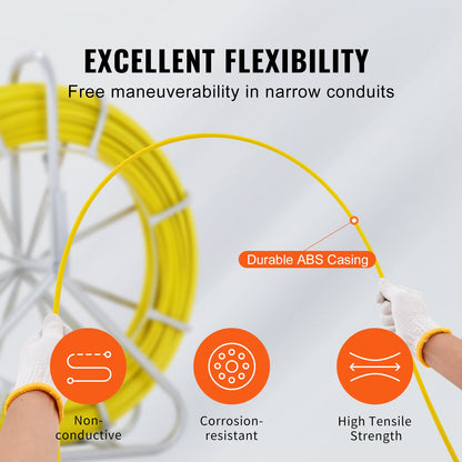 Fish Tape Fiberglass, 200 m, 6.35 mm, Duct Rodder Fishtape Wire Puller, Cable Running Rod with Steel Reel Stand, 3 Pulling Heads, Fishing Tools for Walls and Electrical Conduit, Non-Conductive
