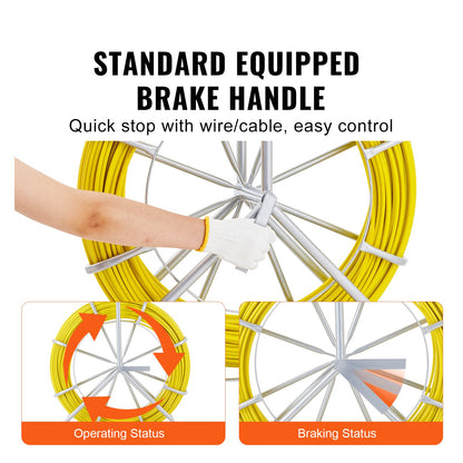 Fish Tape Fiberglass, 200 m, 6.35 mm, Duct Rodder Fishtape Wire Puller, Cable Running Rod with Steel Reel Stand, 3 Pulling Heads, Fishing Tools for Walls and Electrical Conduit, Non-Conductive