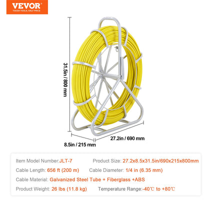 Fish Tape Fiberglass, 200 m, 6.35 mm, Duct Rodder Fishtape Wire Puller, Cable Running Rod with Steel Reel Stand, 3 Pulling Heads, Fishing Tools for Walls and Electrical Conduit, Non-Conductive