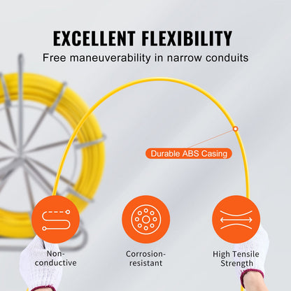Fish Tape Puller Fiberglass 200mx7,9mm (656 ft 5/16 in) Wire Cable Running Duct Rodder