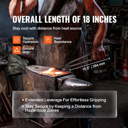 Blacksmith Tongs, 18” Wolf Jaw Tongs, Kolstål Smidestång med A3 stålnitar, för hästskor, krökta former, blocksmide, för nybörjare och erfarna smeder och bladsmeder