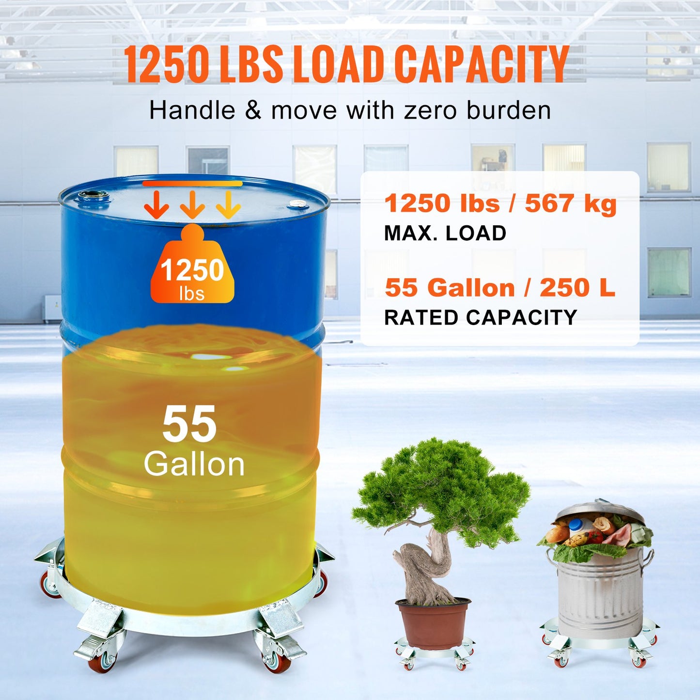 208,2 l kraftig fatvagn, 567 kg lastkapacitet, fatvagn, fatvagn, tippfri handtruck med stålram, 5 svängbara hjul, för lagertrumhantering