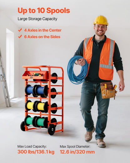 Trådrullställ, 11 stänger, trådrullställsdispenser för flera spolar, kabelcaddy med hjul, kabelhållare med förvaringsbricka för ledningsförvaring, för el, industriellt bruk och detaljhandel, arbetseffektivitet