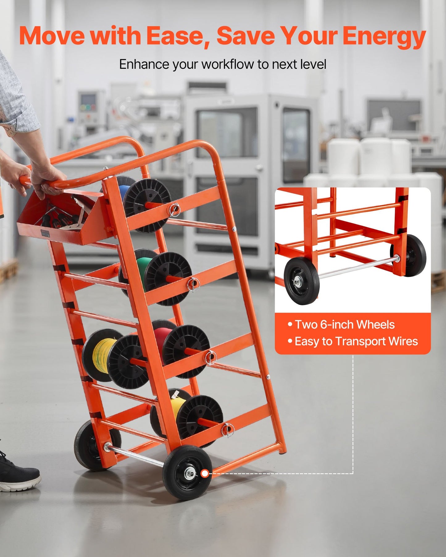 Trådrullställ, 11 stänger, trådrullställsdispenser för flera spolar, kabelcaddy med hjul, kabelhållare med förvaringsbricka för ledningsförvaring, för el, industriellt bruk och detaljhandel, arbetseffektivitet