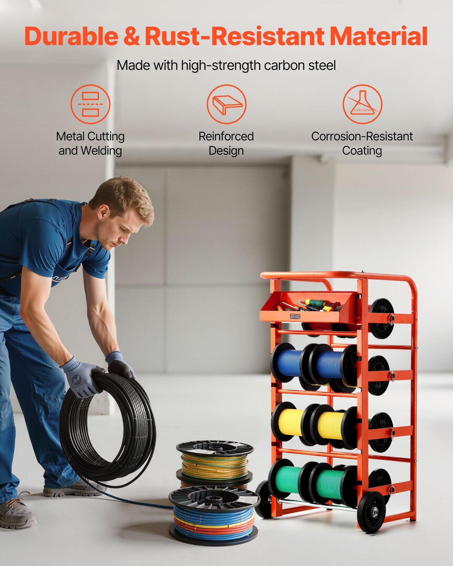 Trådrullställ, 11 stänger, trådrullställsdispenser för flera spolar, kabelcaddy med hjul, kabelhållare med förvaringsbricka för ledningsförvaring, för el, industriellt bruk och detaljhandel, arbetseffektivitet