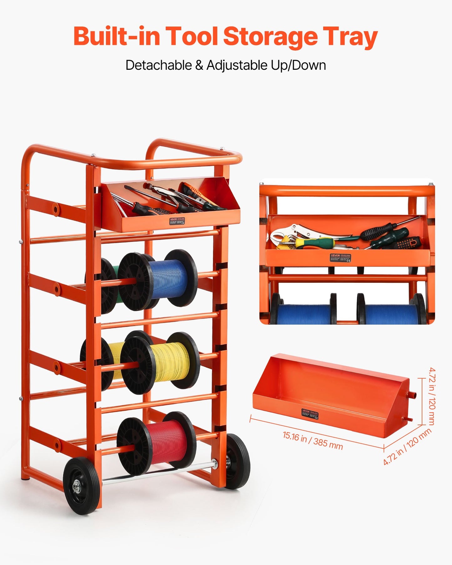 Trådrullställ, 11 stänger, trådrullställsdispenser för flera spolar, kabelcaddy med hjul, kabelhållare med förvaringsbricka för ledningsförvaring, för el, industriellt bruk och detaljhandel, arbetseffektivitet