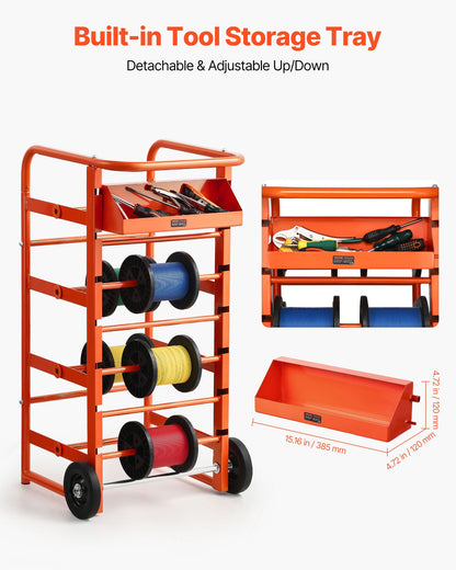 Trådrullställ, 11 stänger, trådrullställsdispenser för flera spolar, kabelcaddy med hjul, kabelhållare med förvaringsbricka för ledningsförvaring, för el, industriellt bruk och detaljhandel, arbetseffektivitet