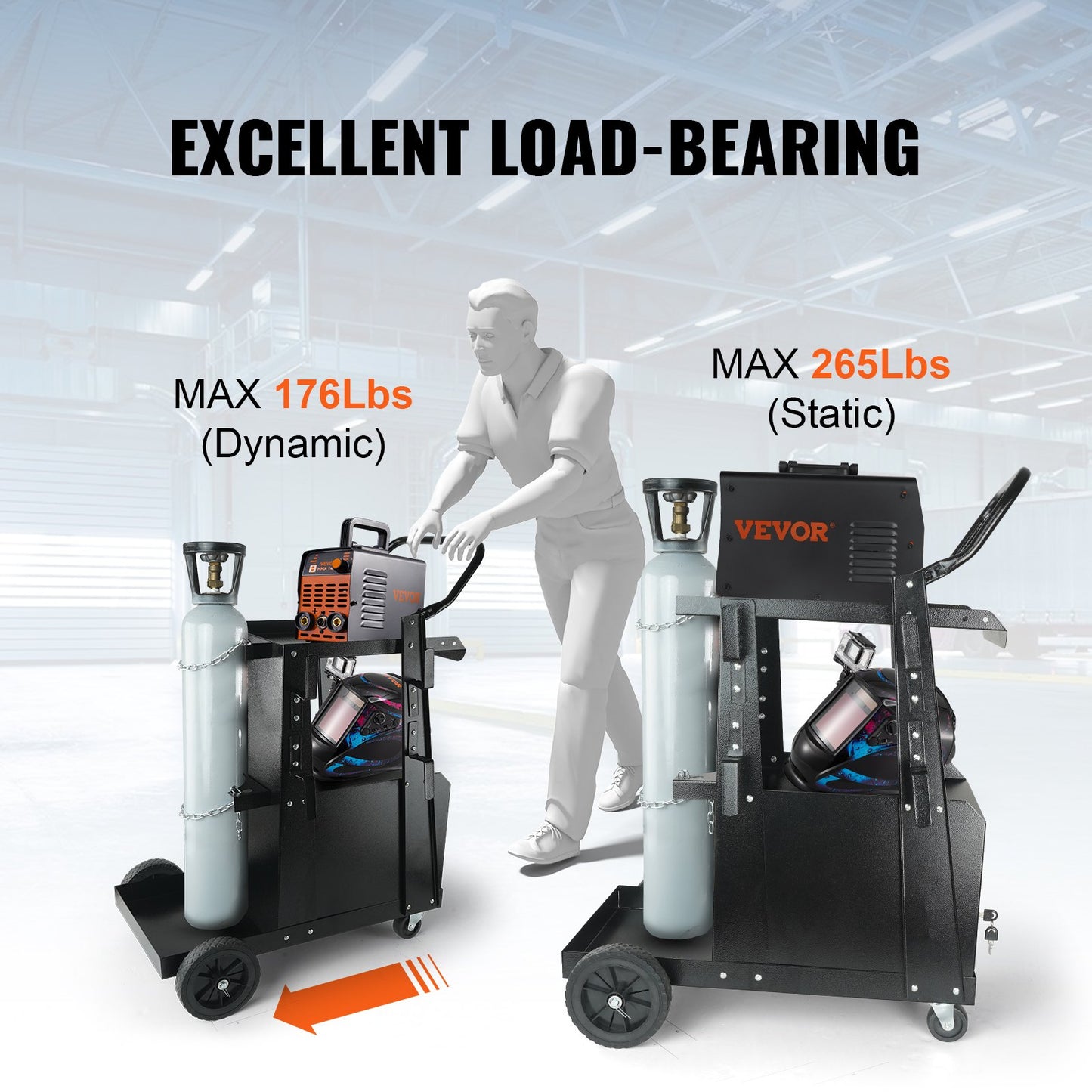 Welding Cart, 2-Tier Heavy Duty Welder Cart with Anti-Theft Lockable Cabinet, 120.2 kg Weight Capacity, 360° Swivel Wheels, Tank Storage Safety Chains, Welding Cabinet for TIG, ARC, Plasma Cutter