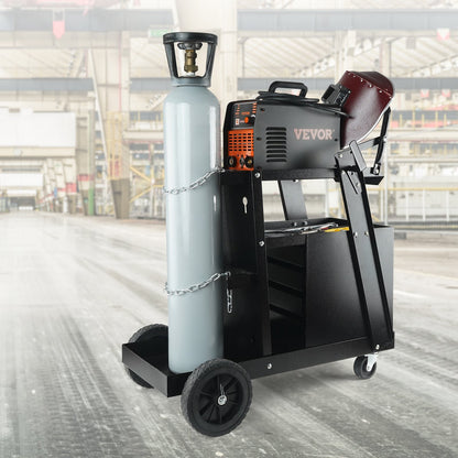 Welding Cart, 2-Tier 4 Drawers Welder Cart with 120.2 kg Weight Capacity, 360° Swivel Wheels, Tank Storage Safety Chains, Heavy Duty Rolling MIG Welder Cart for Mig Welder and Plasma Cutter