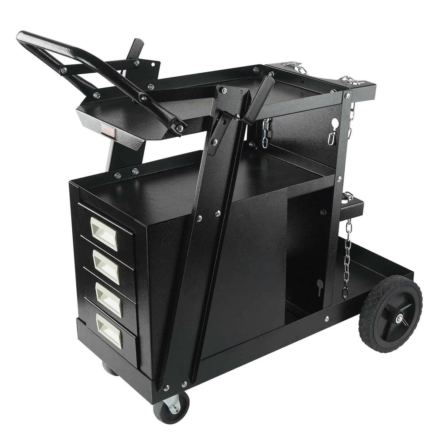 Welding Cart, 2-Tier 4 Drawers Welder Cart with 120.2 kg Weight Capacity, 360° Swivel Wheels, Tank Storage Safety Chains, Heavy Duty Rolling MIG Welder Cart for Mig Welder and Plasma Cutter