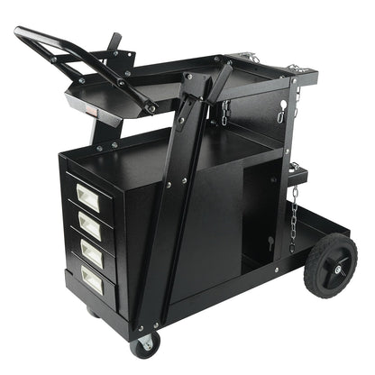 Welding Cart, 2-Tier 4 Drawers Welder Cart with 120.2 kg Weight Capacity, 360° Swivel Wheels, Tank Storage Safety Chains, Heavy Duty Rolling MIG Welder Cart for Mig Welder and Plasma Cutter