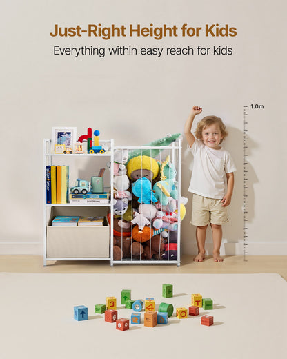 Kids Bookshelf and Stuffed Animal Storage, Toy Storage Organizer, 2-Tier Book Shelf with Fabric Toy Chest, Toy Storage for Kids Room, Living Room, Entryway, Nursury, Preschool, White
