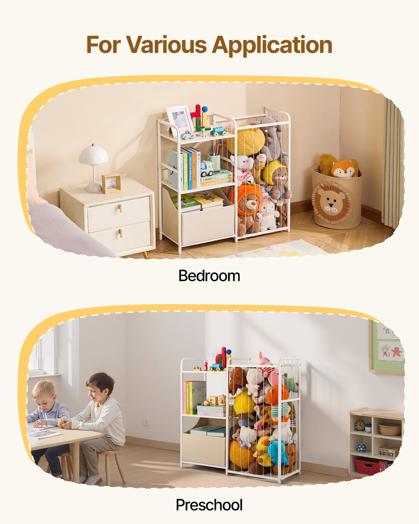 Kids Bookshelf and Stuffed Animal Storage, Toy Storage Organizer, 2-Tier Book Shelf with Fabric Toy Chest, Toy Storage for Kids Room, Living Room, Entryway, Nursury, Preschool, White