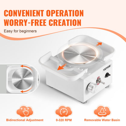 Mini keramikhjul, 0-320 varv/min justerbar hastighet avtagbar skålformningsmaskin, 2,56 tum/3,94 tum 2 skivspelare elektrisk keramikhjulsmaskin, 18 st tillbehör, för konsthantverk hem DIY, vit